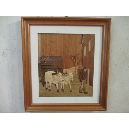 Quadro di sculture in legno “coppia di buoi che tirano il carro con contadino”